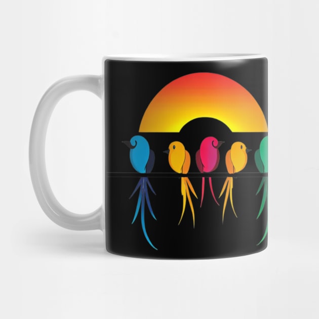 A design featuring a group of colorful birds perched on a wire, with a sunset or sunrise in the background. by maricetak